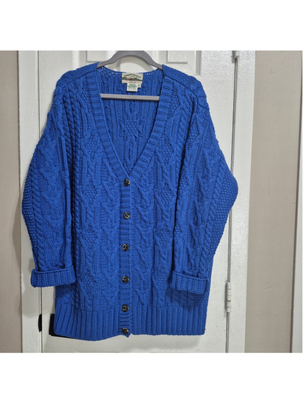 Women's Aran Crafts Merino Wool Cable Knit Cardigan Blue XXL